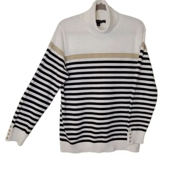 Tommy Hilfiger Striped White, Black, and Gold Turtleneck Sweater Size XL - Picture 2 of 6